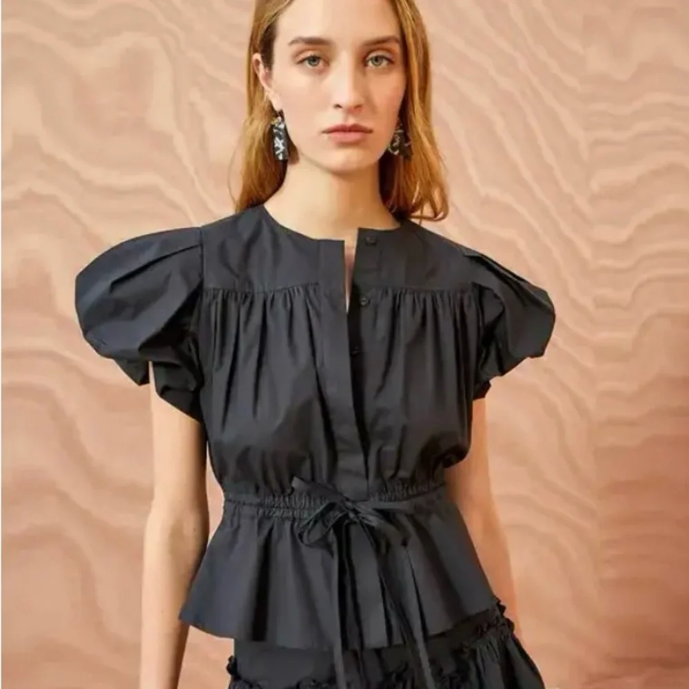 Ulla Johnson Black Puff-Sleeve Drawstring Peplum Top - Picture 1 of 4